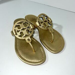 Tory Burch Miller Designer Tumbled Logo Gold Sandals Thong Flip Flop 7